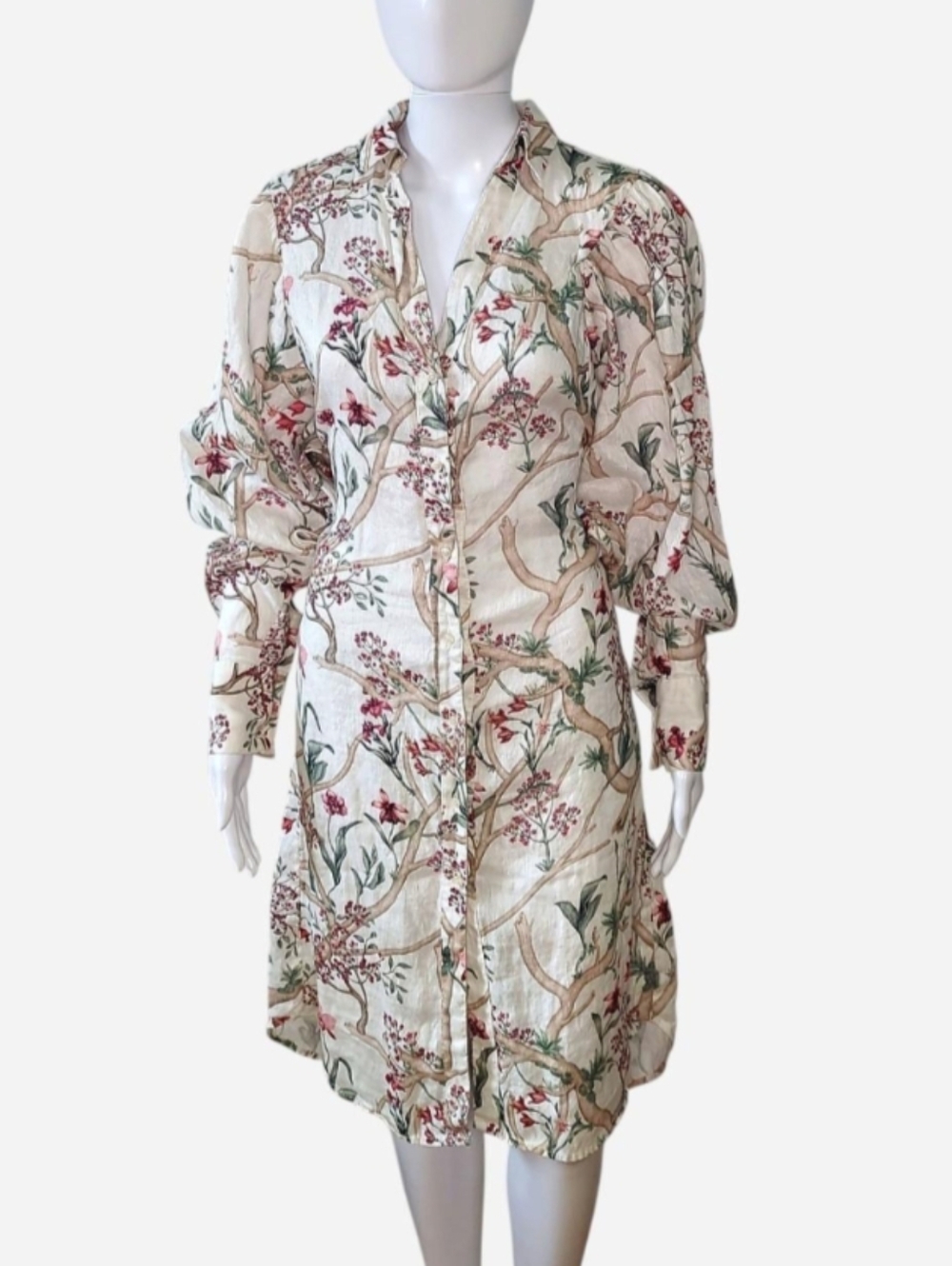 H&M x Johanna Ortiz collab cream red, green floral linen shirt dress with sash.